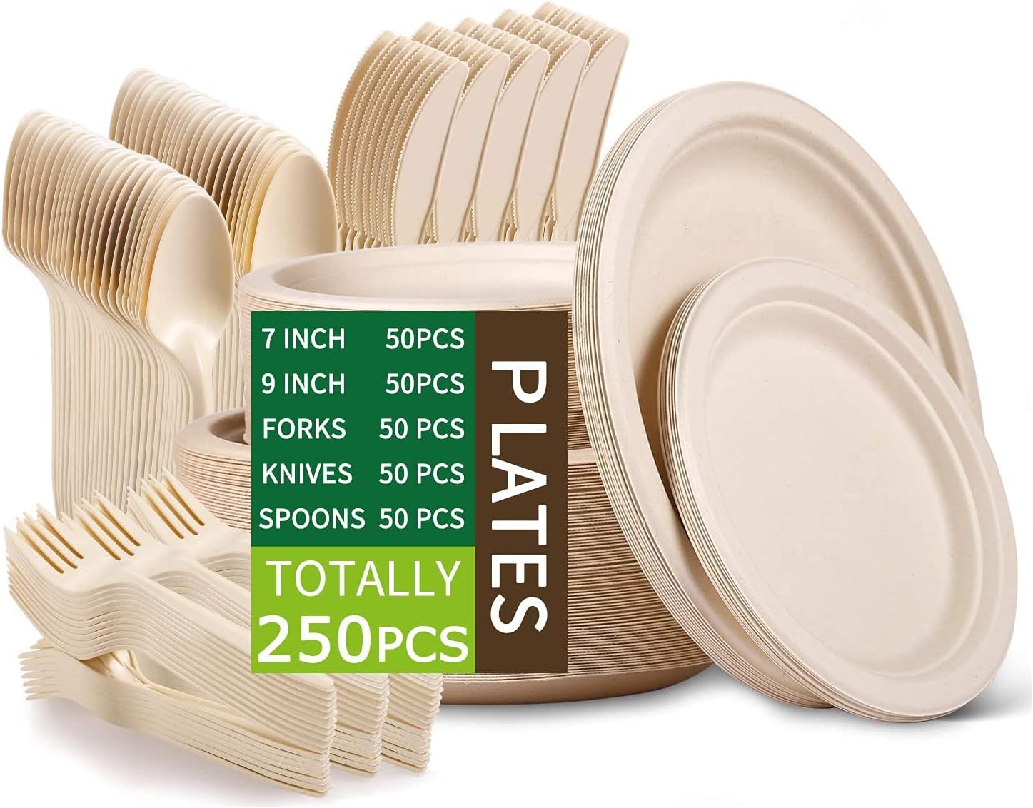 Heavy Duty Paper Plates Set for Dinner, Sugarcane Disposable Eco,9 Inch and  7 Inch Party Plates,Forks,Knives and Spoons Set for 50 People [250 PCS]